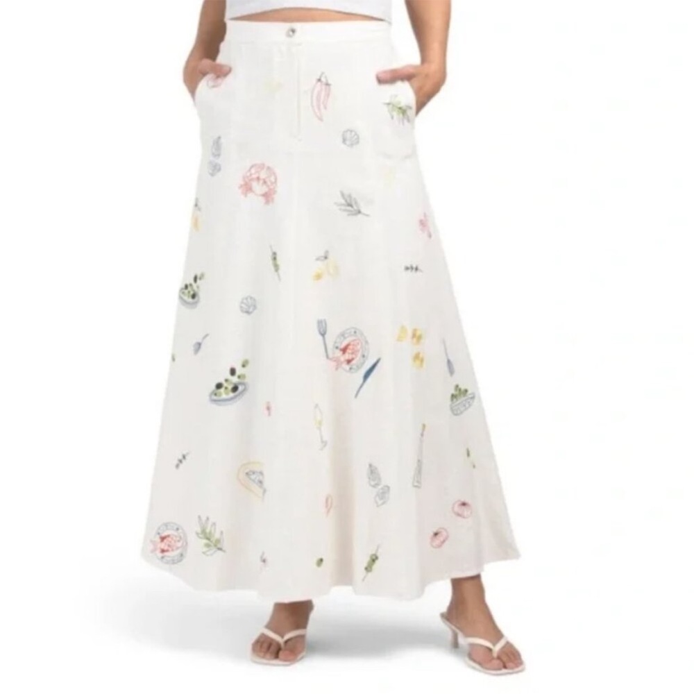 NEW CAROLINE CONSTAS Off White Embroidered Linen Blend Resort Midi Skirt Summer